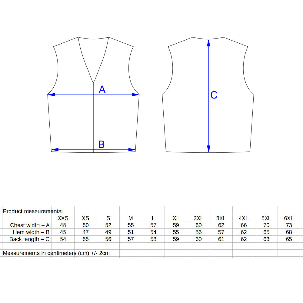 Bronx nahkaliivi kokotaulukko