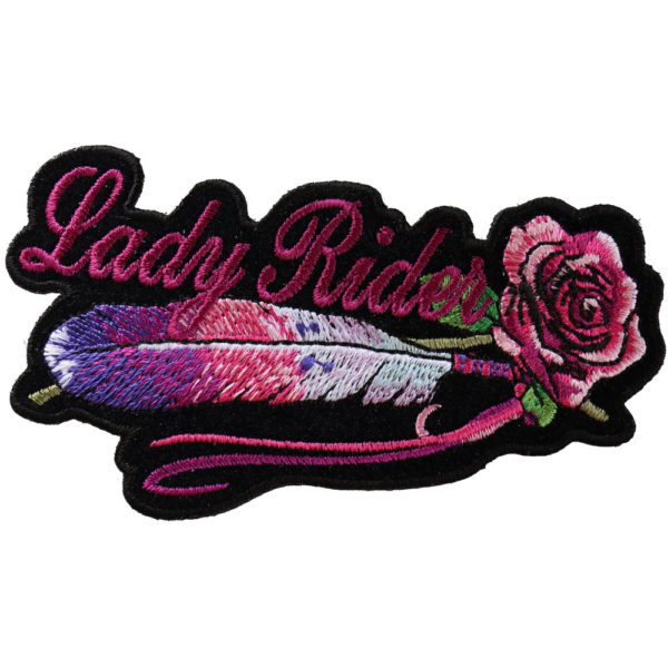 Lady Rider Pink Rose and Feathers Kangasmerkki - Small Iron on Patch - 10x6,5cm