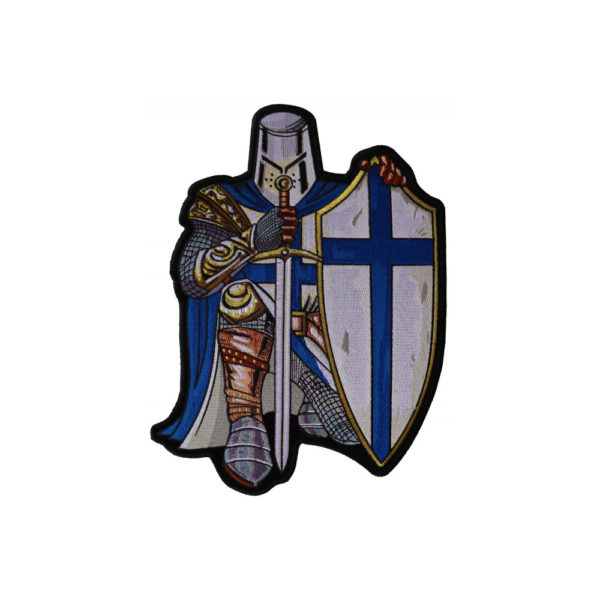 Knelt Blue Crusader Knight Sword and Shield Kangasmerkki - Embroidered Iron on Patch - 22,5x30cm