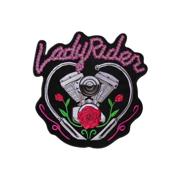 Lady Rider Rose Motorcycle Engine Kangasmerkki - Embroidered Iron on Patch - 23x23cm